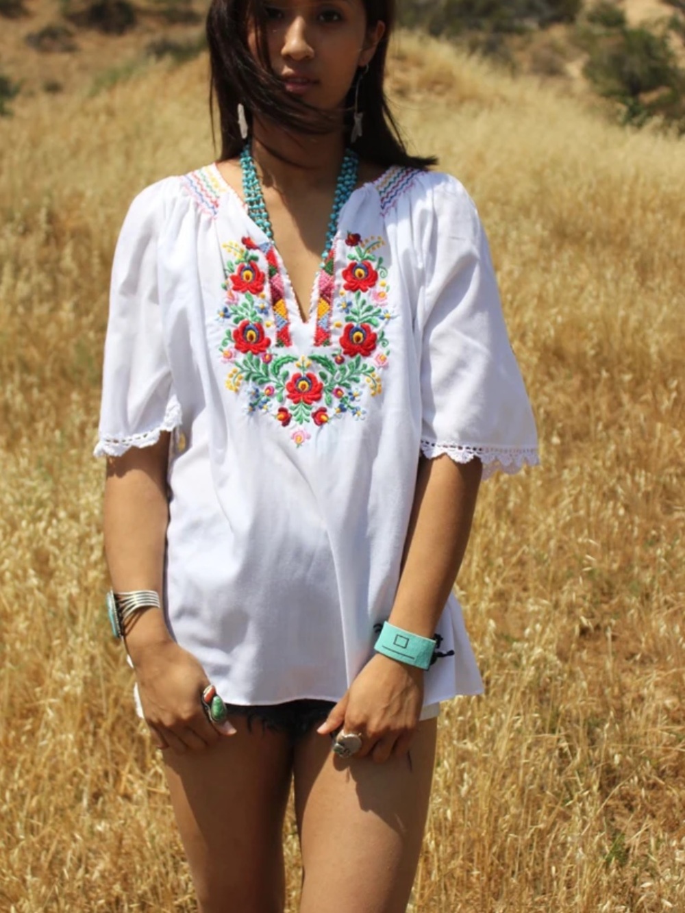 Embroidered Hungarian Folk Peasant Floral Smocked Blouse Hand Made